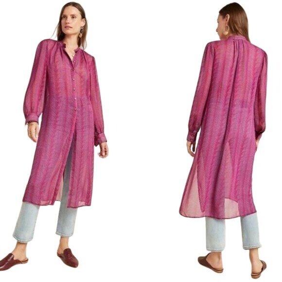 Maeve Sheer Magenta Button-Down Long Tunic Blouse - Picture 2 of 5